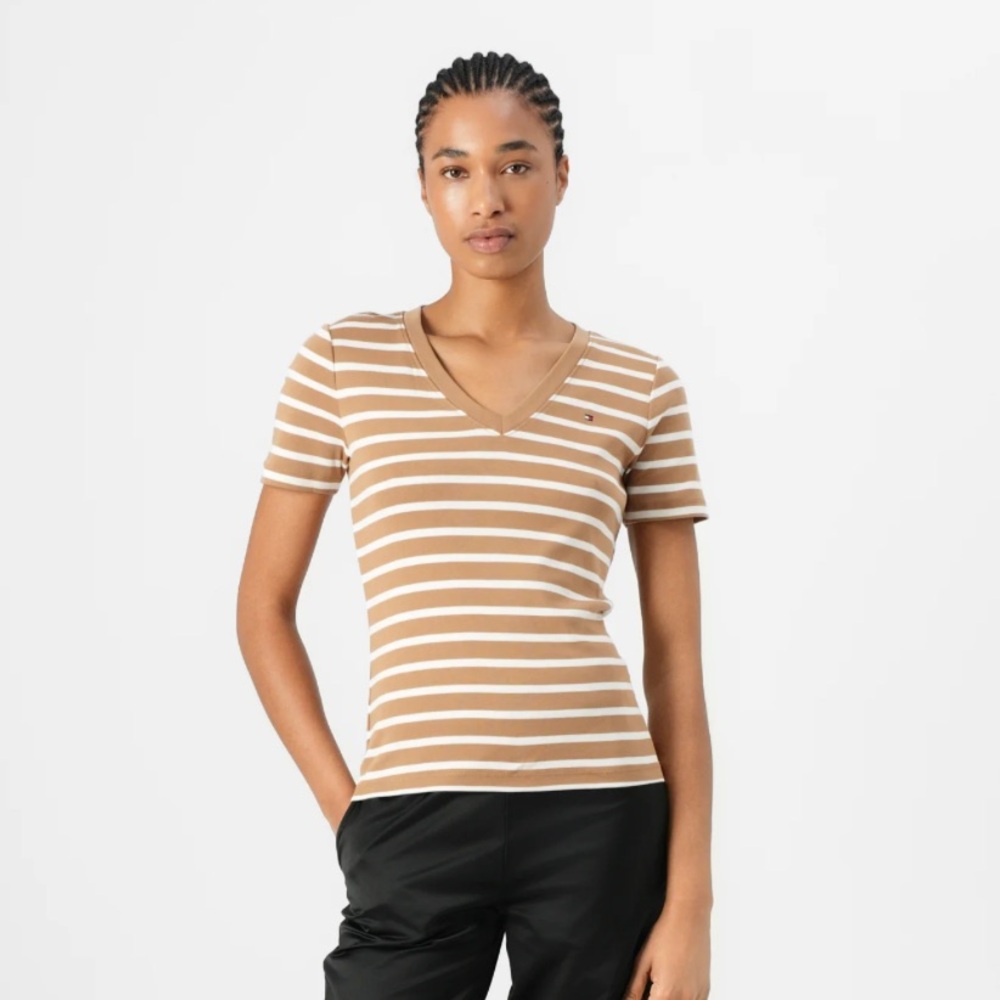 Tommy Hilfiger Women's Tan and White Striped V-Neck Tee